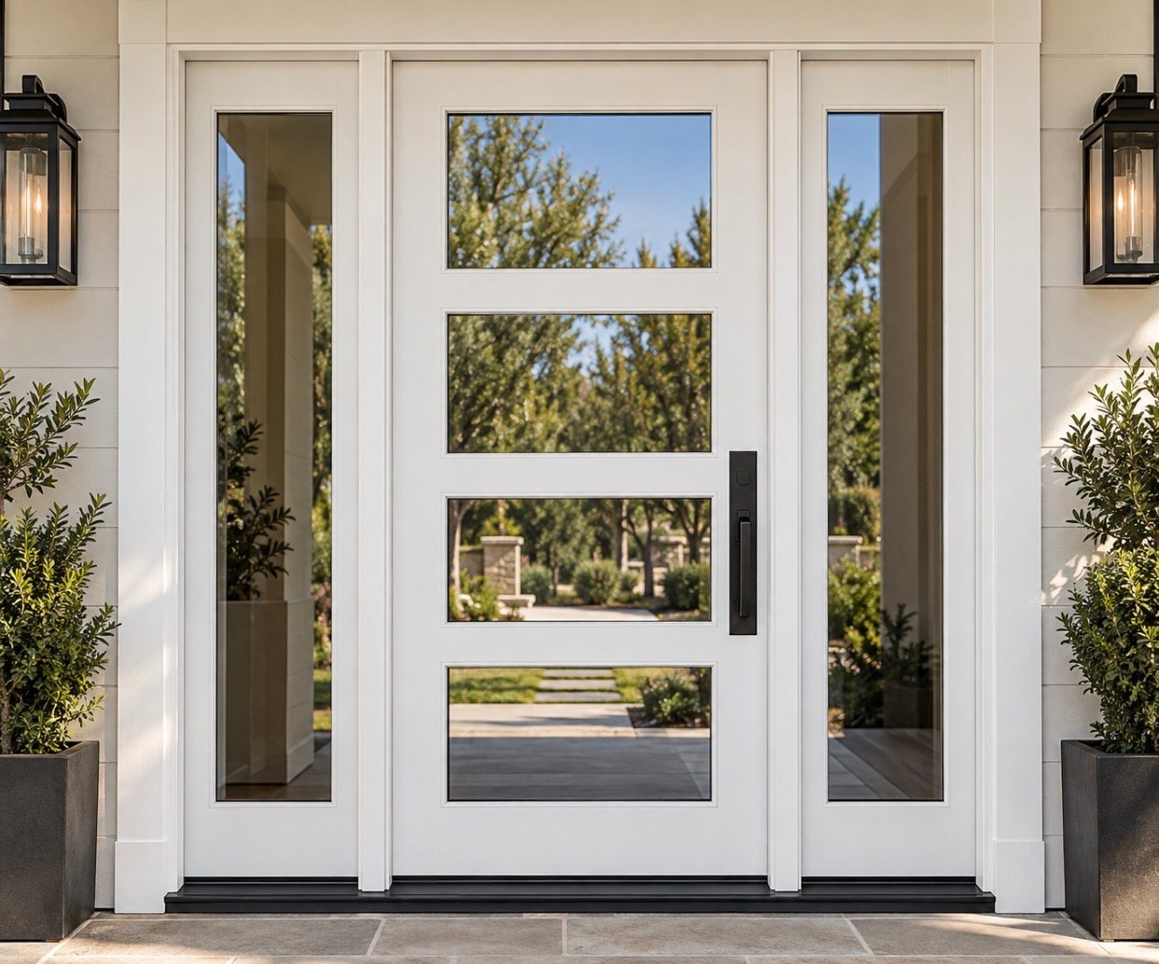White four-lite glass entry door with full-glass sidelites, flanked by black lanterns and potted shrubs